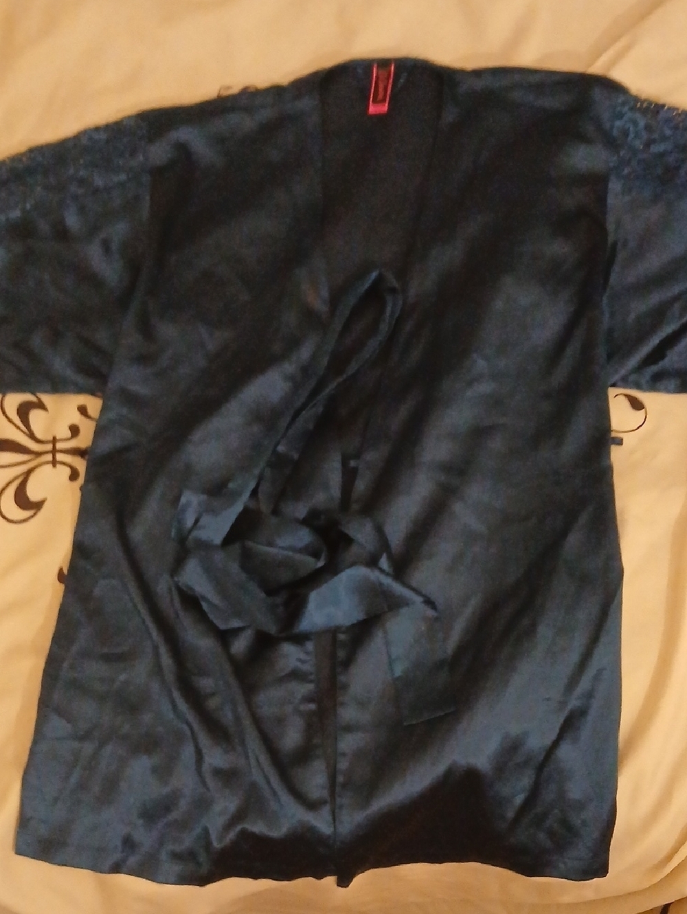 La SENZA Navy Blue Satin Robe with Lace Sleeves